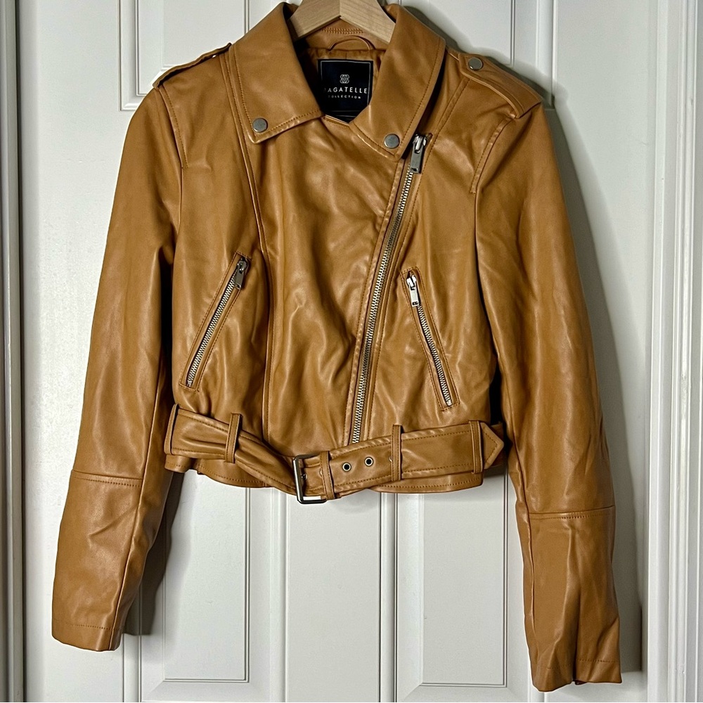 Bagatelle Vegan Leather Asymmetrical Moto Jacket Bikercore Tan Zippered EUC